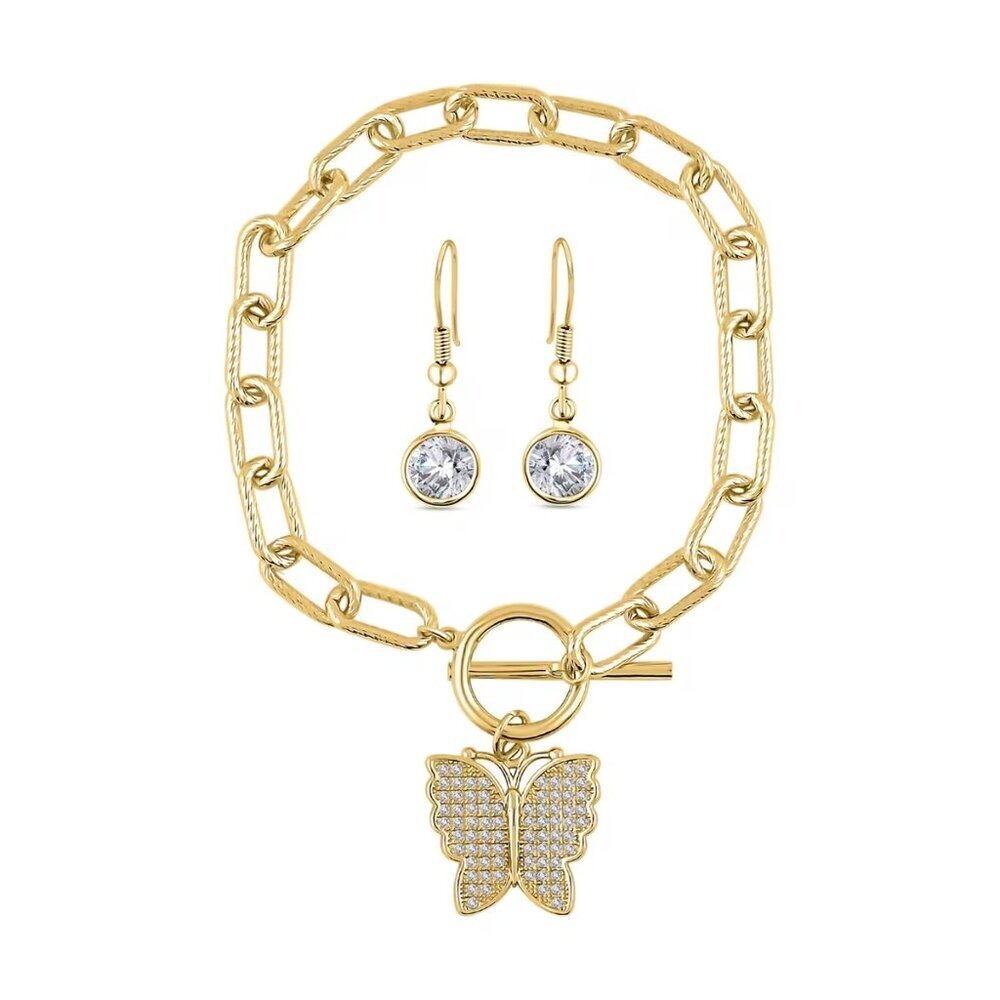 A Cubic Zirconia & Austrian Crystal Butterfly 2 Piece Set in Goldtone
